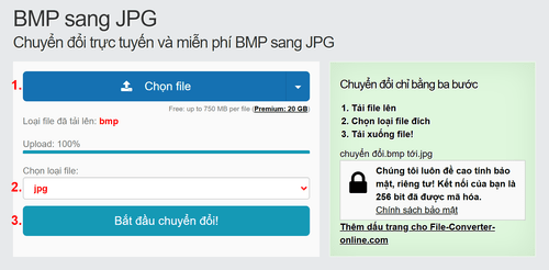 Cách chuyển đổi BMP tệp tin trực tuyến sang JPG