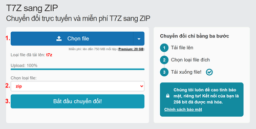 Cách chuyển đổi T7Z tệp tin trực tuyến sang ZIP